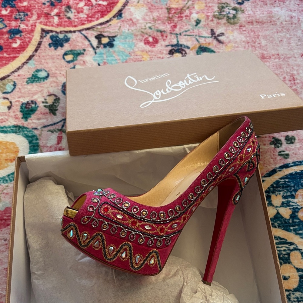 Christian Louboutin Embellished Bollywood pink and  Red Peep-Toe Heels